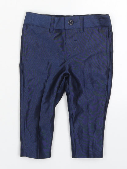 Additional front view of Monsoon boys’ blue polyester capri trousers, size 6-9, months button