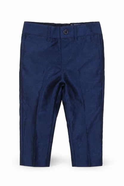 Front view of Monsoon boys’ blue polyester capri trousers, size 6-9, months button