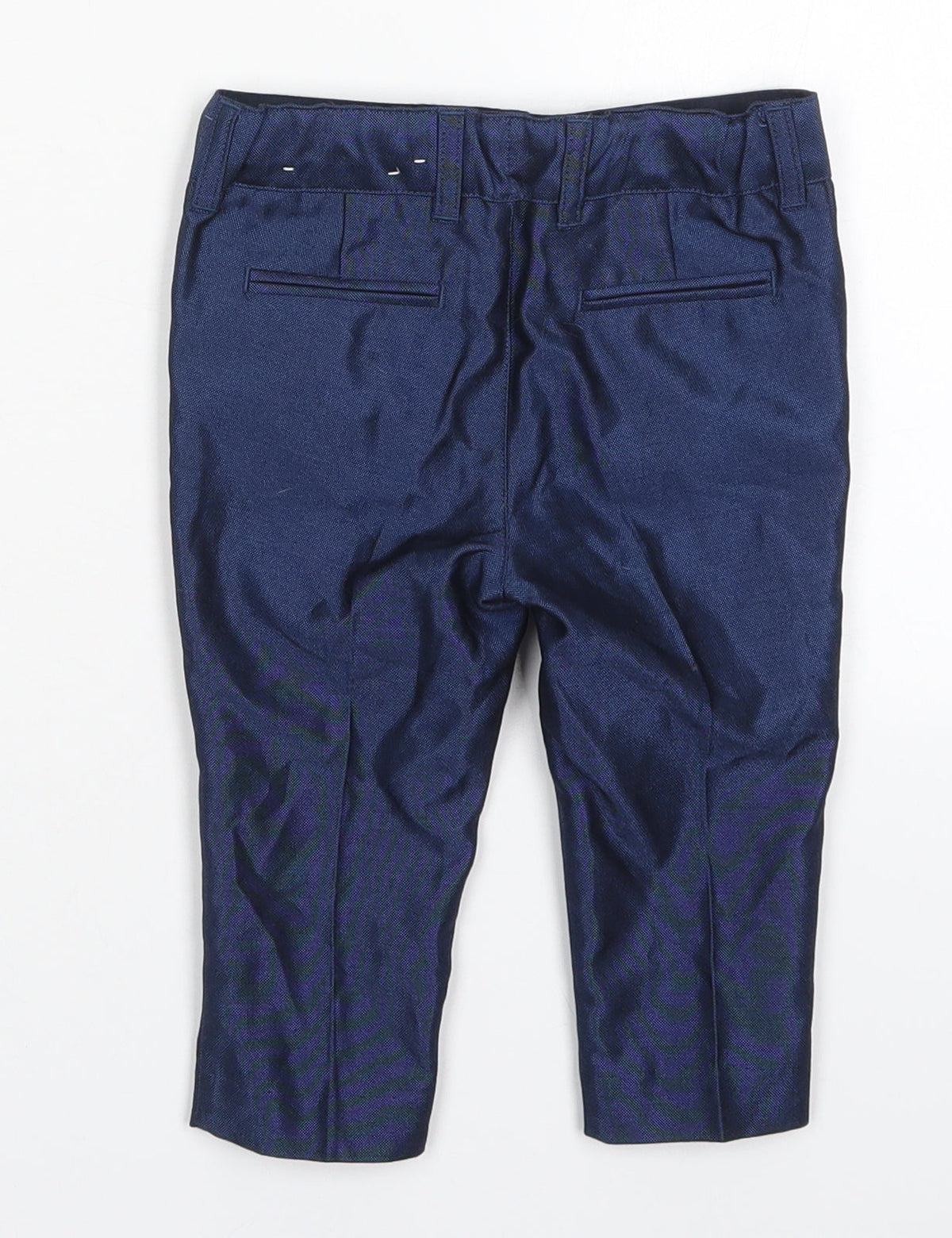 Back view of Monsoon boys’ blue polyester capri trousers, size 6-9, months button