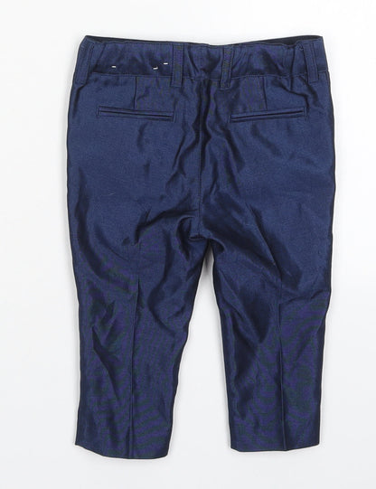 Back view of Monsoon boys’ blue polyester capri trousers, size 6-9, months button