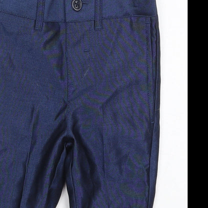Close-up detail of Monsoon boys’ blue polyester capri trousers, size 6-9, months button