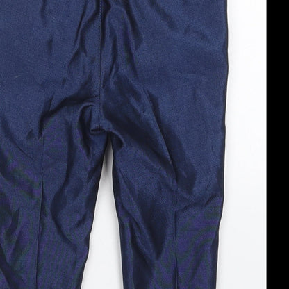 Brand and care label for Monsoon boys’ blue polyester capri trousers, size 6-9, months button