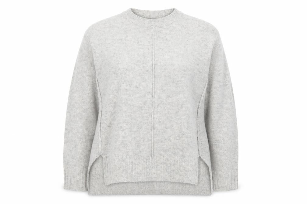 Front view of Marks & Spencer women’s grey round neck acrylic jumper, size S