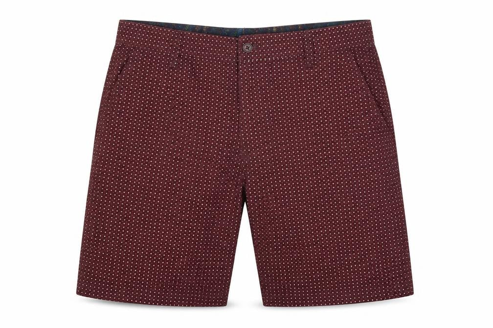 Front view of Soviet men’s red polka dot cotton bermuda shorts, size S, 8-inch leg regular button - burgundy