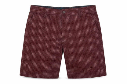 Front view of Soviet men’s red polka dot cotton bermuda shorts, size S, 8-inch leg regular button - burgundy