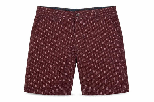 Front view of Soviet men’s red polka dot cotton bermuda shorts, size S, 8-inch leg regular button - burgundy