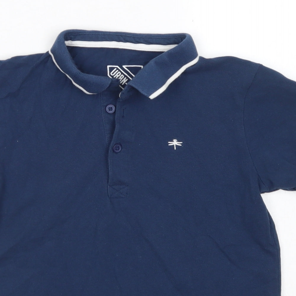 Close-up detail of URBN DEPT boys’ blue cotton basic polo, size 9, years collared button