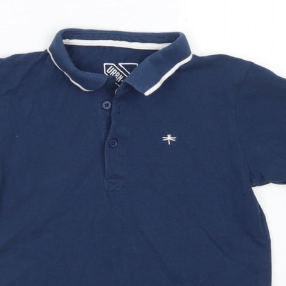 Close-up detail of URBN DEPT boys’ blue cotton basic polo, size 9, years collared button
