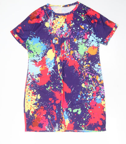 Preworn Womens Multicoloured Geometric Polyester Blend T-Shirt Dress  Size M  Round Neck