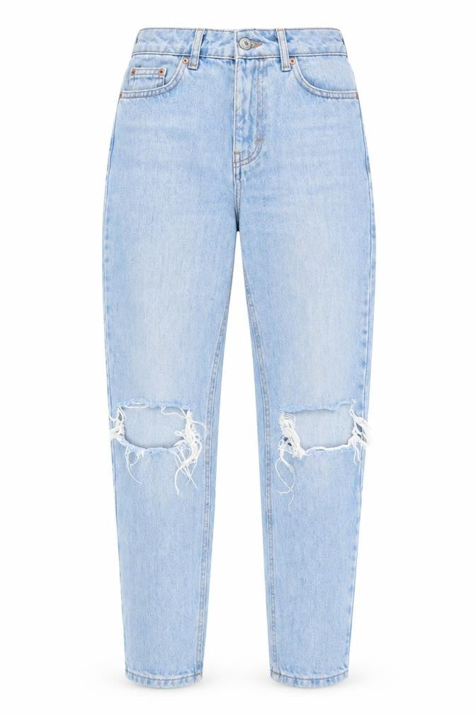 Front view of Topshop women’s blue cotton mom jeans, size UK 26, in, 29-inch leg regular zip