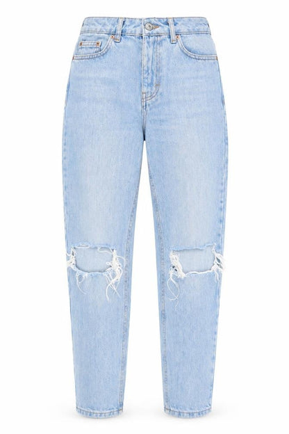 Front view of Topshop women’s blue cotton mom jeans, size UK 26, in, 29-inch leg regular zip