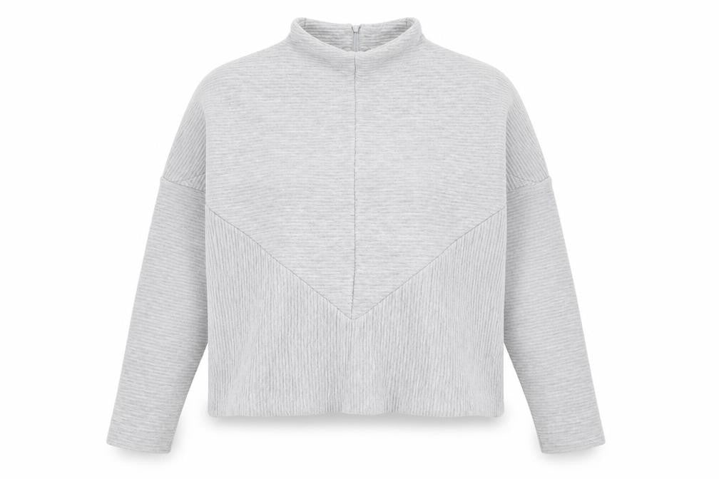 Front view of Souluxe women’s grey striped polyester pullover sweatshirt, size M