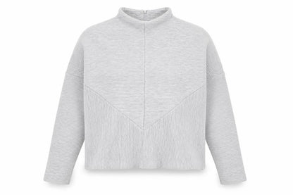 Front view of Souluxe women’s grey striped polyester pullover sweatshirt, size M