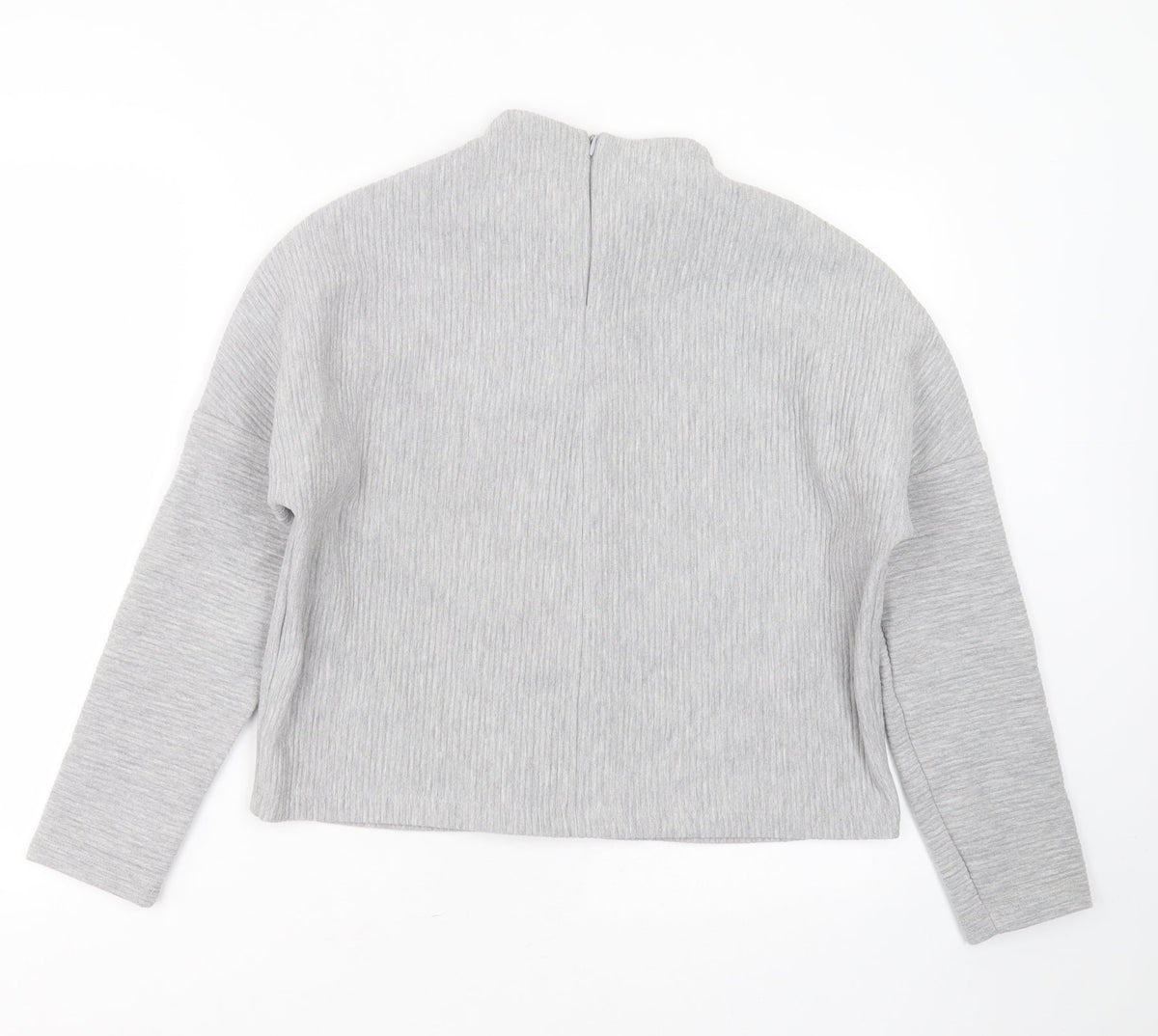 Back view of Souluxe women’s grey striped polyester pullover sweatshirt, size M