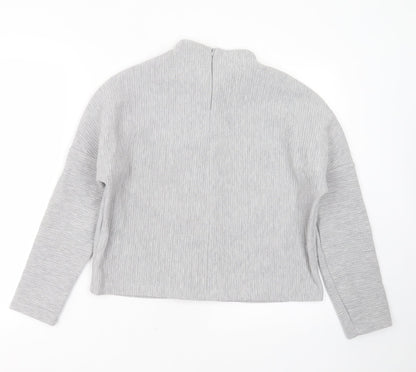 Back view of Souluxe women’s grey striped polyester pullover sweatshirt, size M