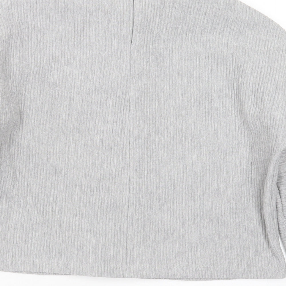 Brand and care label for Souluxe women’s grey striped polyester pullover sweatshirt, size M