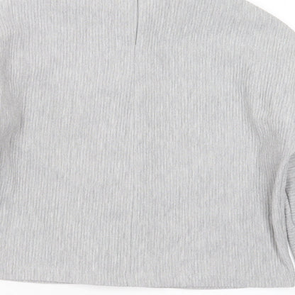 Brand and care label for Souluxe women’s grey striped polyester pullover sweatshirt, size M