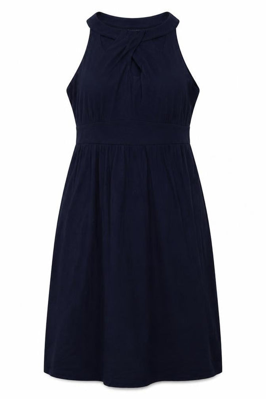 Front view of LOFT women’s blue rayon a-line, size S, crew neck pullover