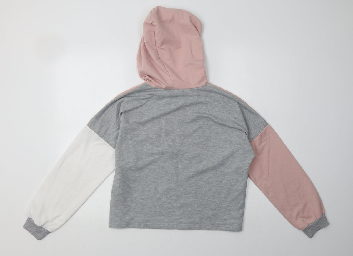 Back view of SHEIN women’s grey plaid cotton pullover hoodie, size S, pullover