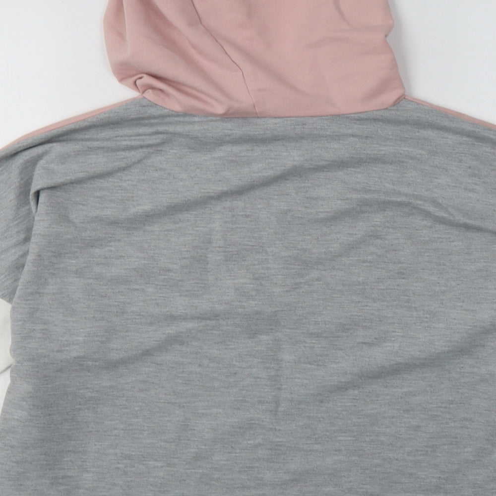 Brand and care label for SHEIN women’s grey plaid cotton pullover hoodie, size S, pullover