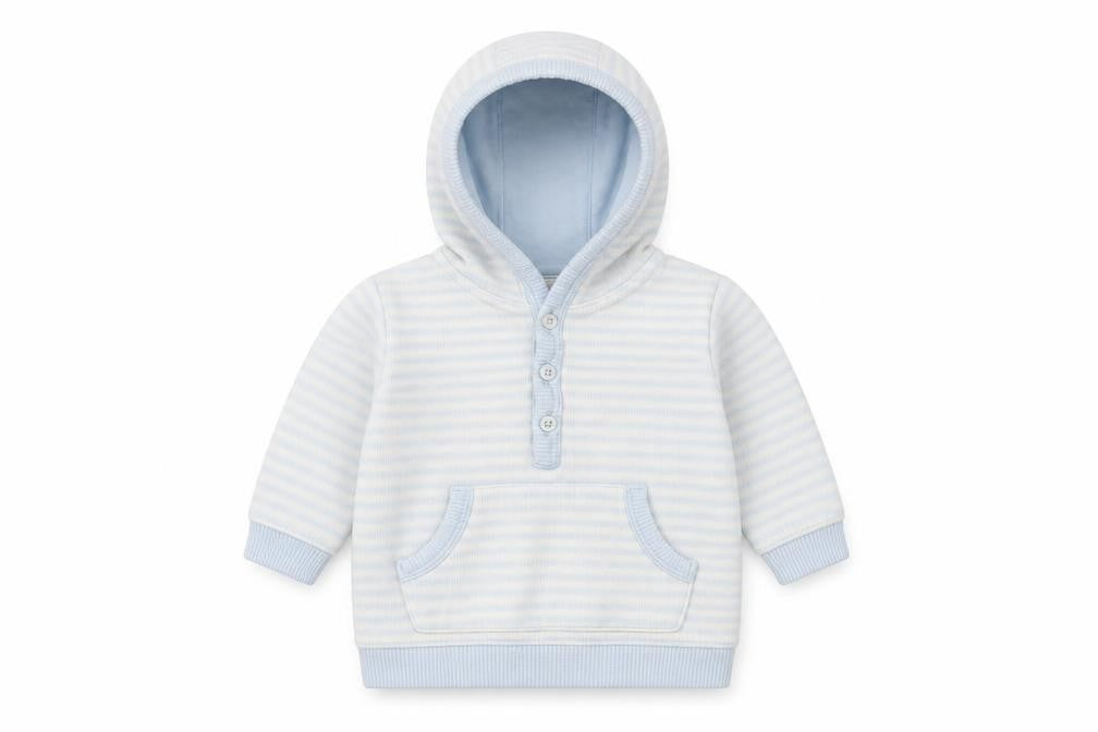 Front view of Marks & Spencer boys’ blue striped cotton jumper, size 3-6, months button