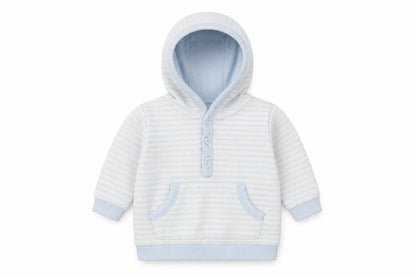Front view of Marks & Spencer boys’ blue striped cotton jumper, size 3-6, months button