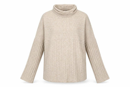 Front view of TU women’s beige striped polyester pullover sweatshirt, size UK 10, pullover