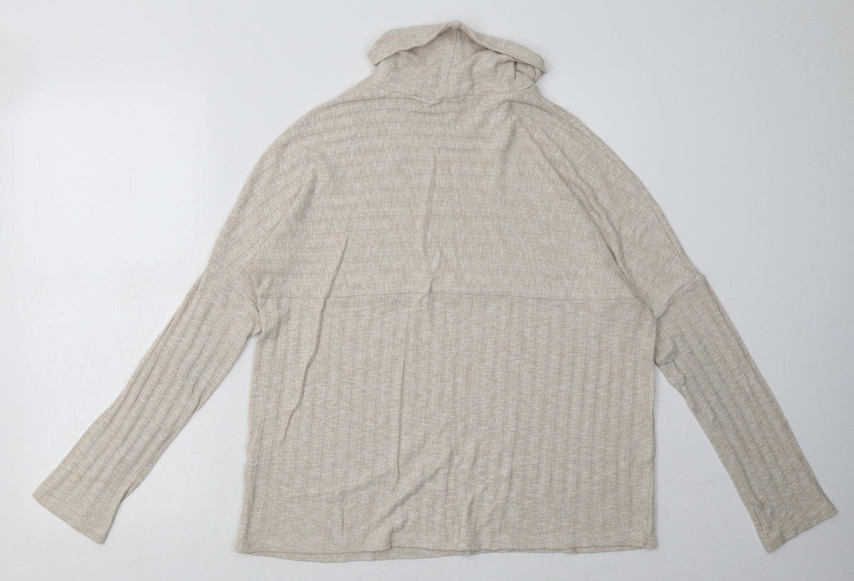 Back view of TU women’s beige striped polyester pullover sweatshirt, size UK 10, pullover