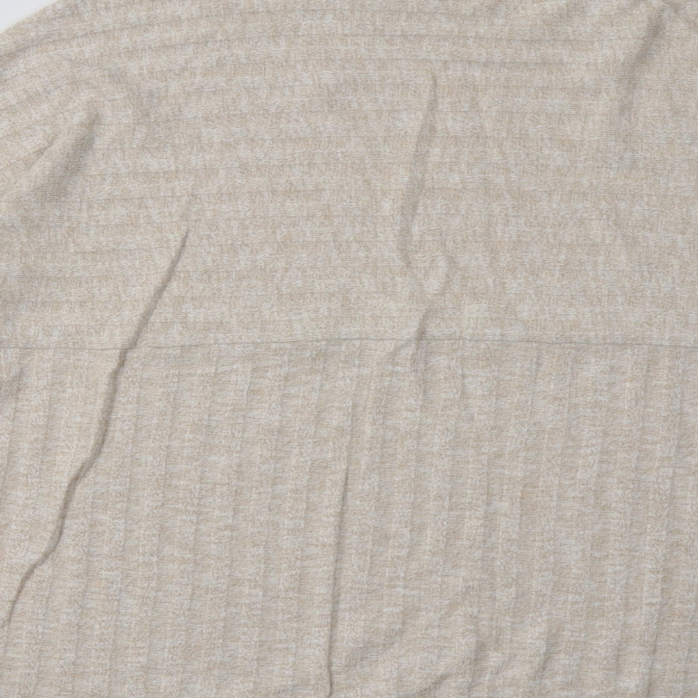 Brand and care label for TU women’s beige striped polyester pullover sweatshirt, size UK 10, pullover