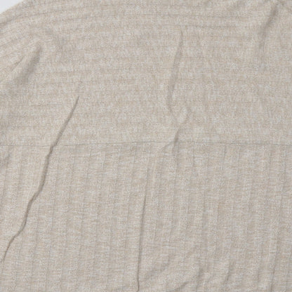 Brand and care label for TU women’s beige striped polyester pullover sweatshirt, size UK 10, pullover