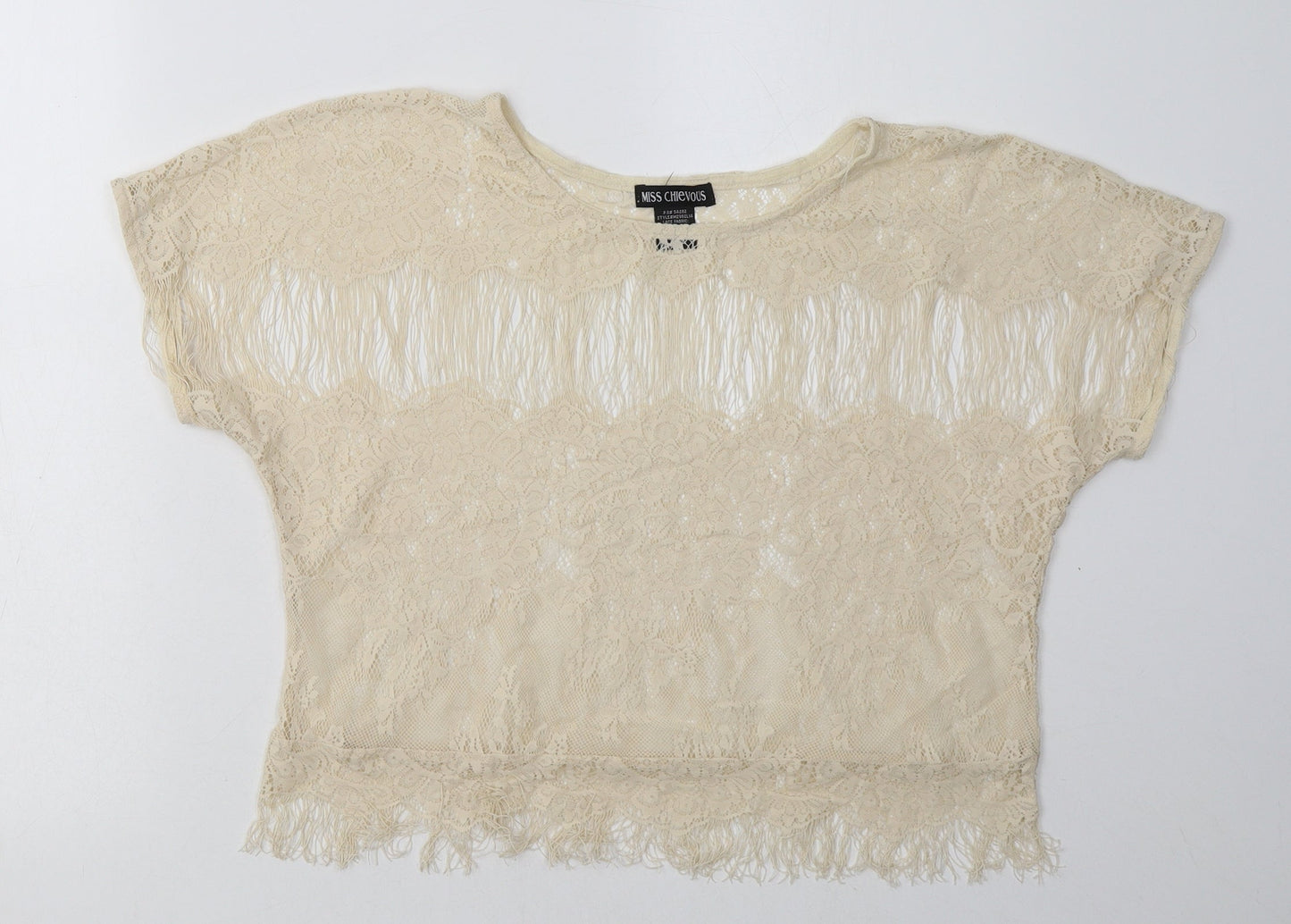miss chevous Womens White  Nylon Basic T-Shirt Size L Crew Neck - Lace Detail