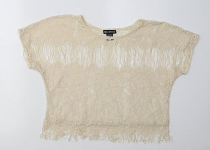 miss chevous Womens White  Nylon Basic T-Shirt Size L Crew Neck - Lace Detail