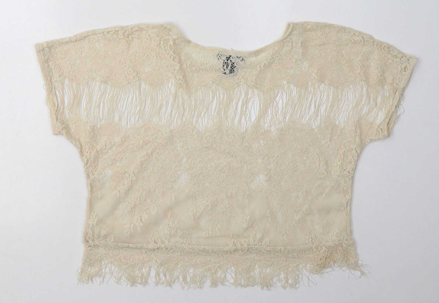 miss chevous Womens White  Nylon Basic T-Shirt Size L Crew Neck - Lace Detail