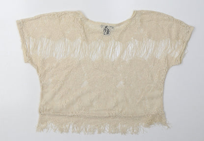 miss chevous Womens White  Nylon Basic T-Shirt Size L Crew Neck - Lace Detail