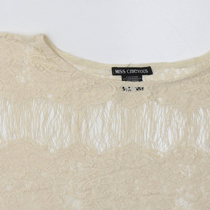 miss chevous Womens White  Nylon Basic T-Shirt Size L Crew Neck - Lace Detail