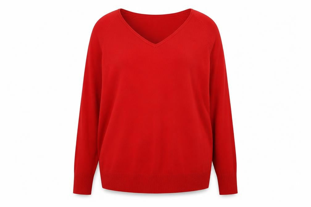 Front view of Peacocks women’s red acrylic pullover sweatshirt, size UK 18, pullover