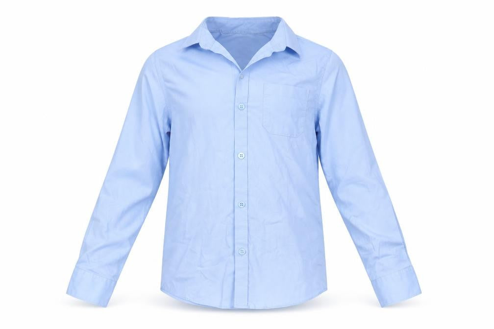 Front view of Marks & Spencer boys’ blue cotton basic button-up, size 8-9, years collared - school