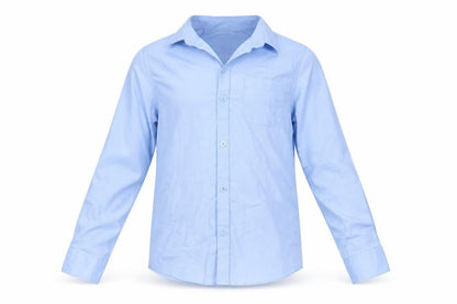Front view of Marks & Spencer boys’ blue cotton basic button-up, size 8-9, years collared - school
