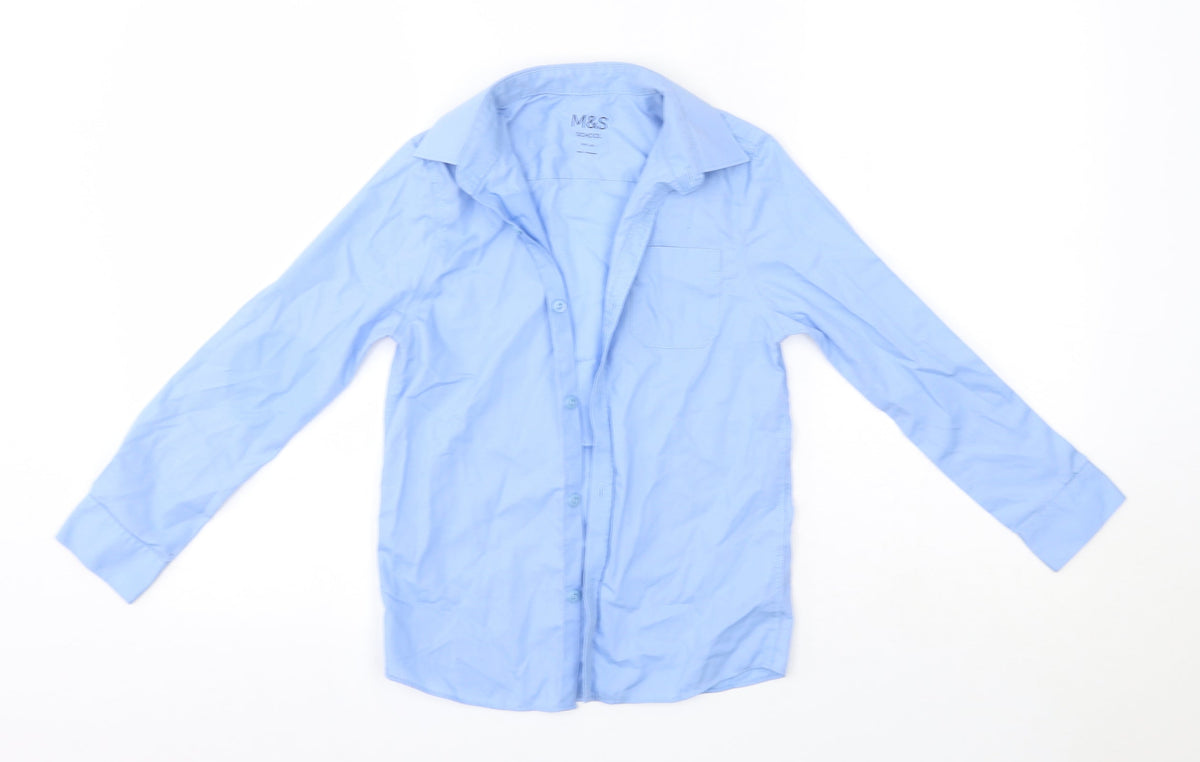 Additional front view of Marks & Spencer boys’ blue cotton basic button-up, size 8-9, years collared - school