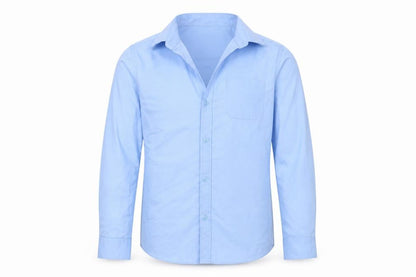 Front view of Marks & Spencer boys’ blue cotton basic button-up, size 8-9, years collared - school