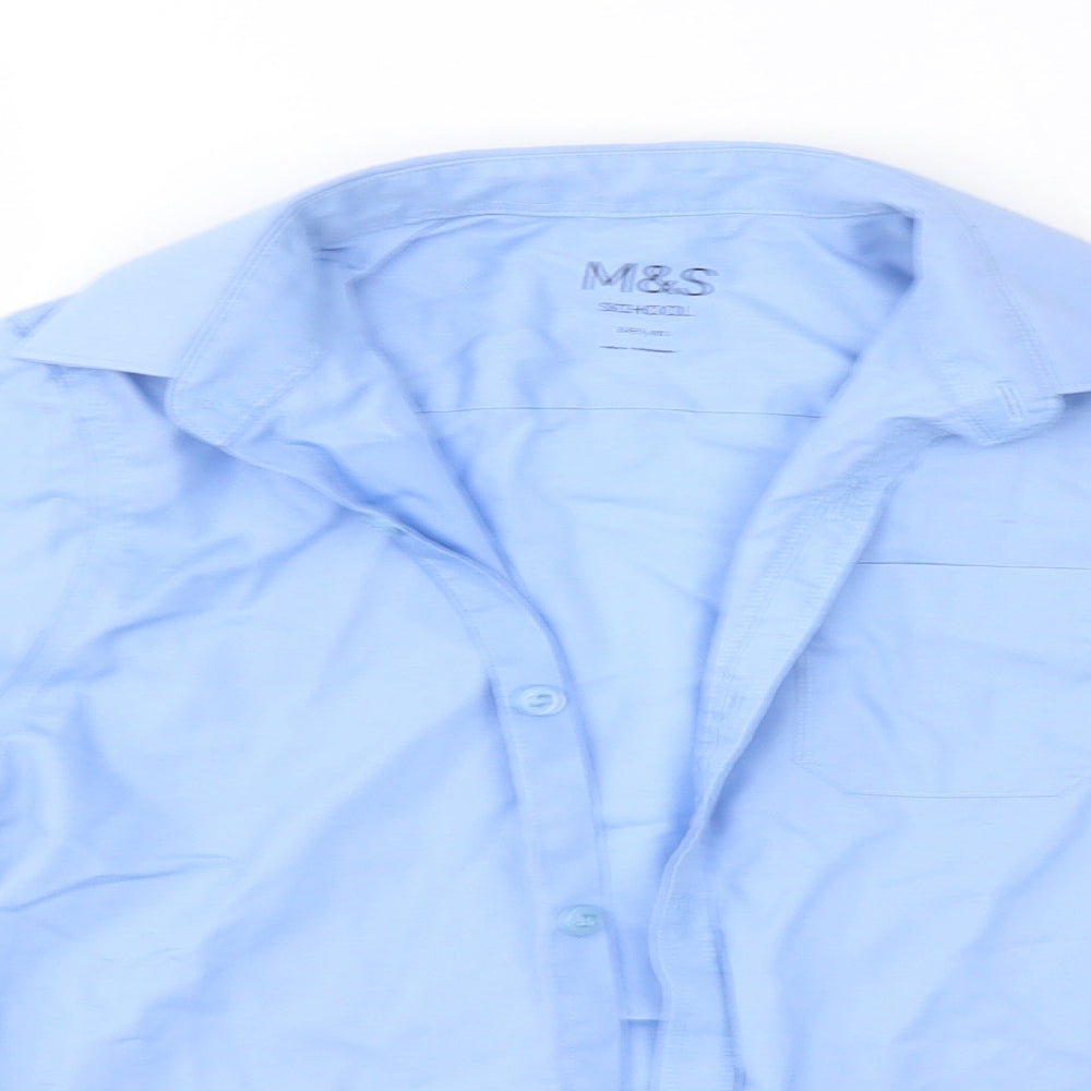 Close-up detail of Marks & Spencer boys’ blue cotton basic button-up, size 8-9, years collared - school