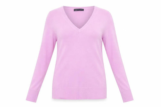 Front view of Marks & Spencer women’s purple v-neck acrylic jumper, size UK 12