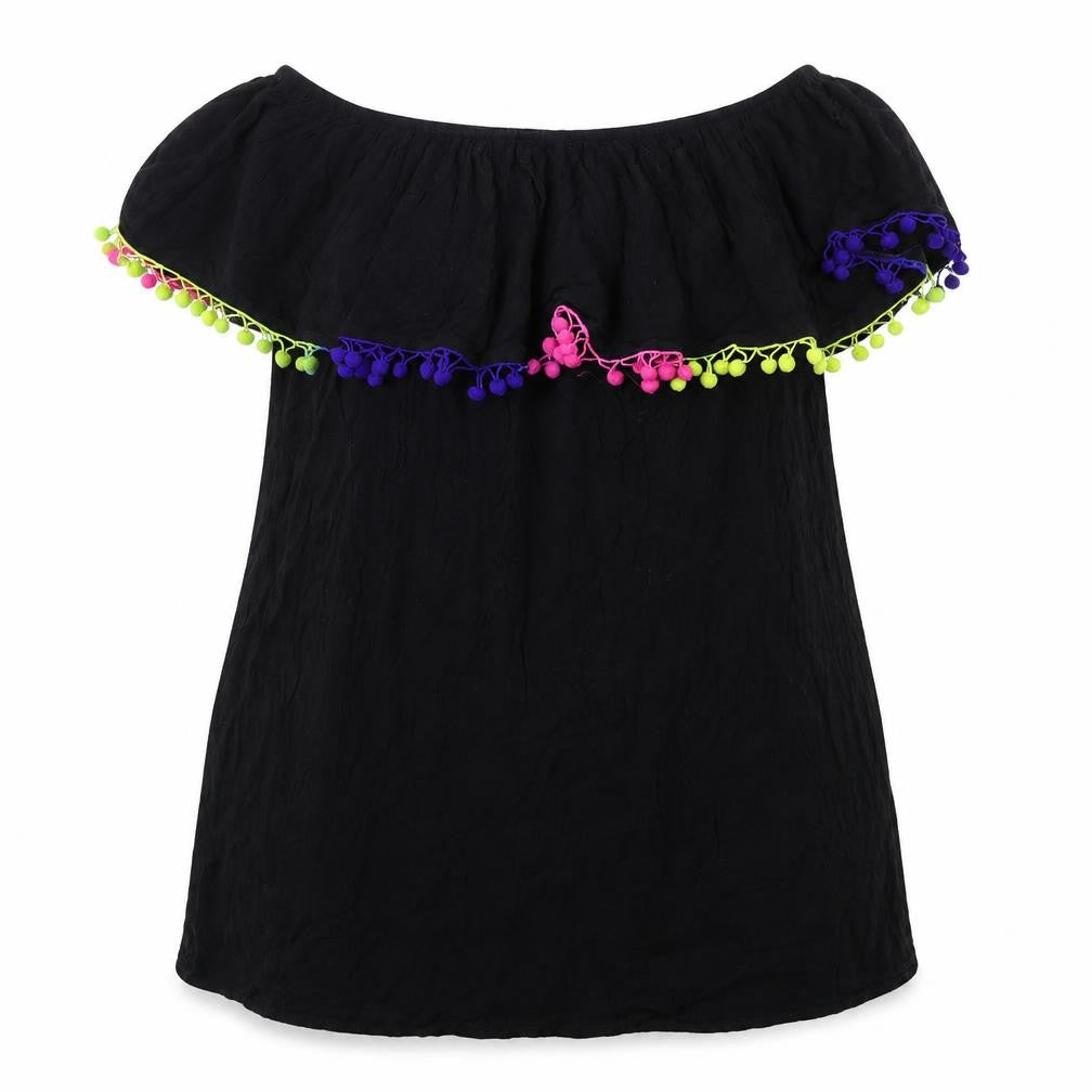 Front view of Matalan women’s black viscose a-line, size UK 12, off the shoulder