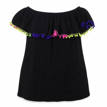 Front view of Matalan women’s black viscose a-line, size UK 12, off the shoulder