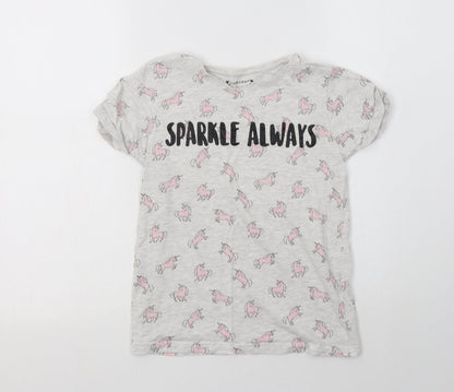 Primark Girls Grey Geometric Cotton Basic T-Shirt Size 10-11 Years Crew Neck  - Unicorn Print
