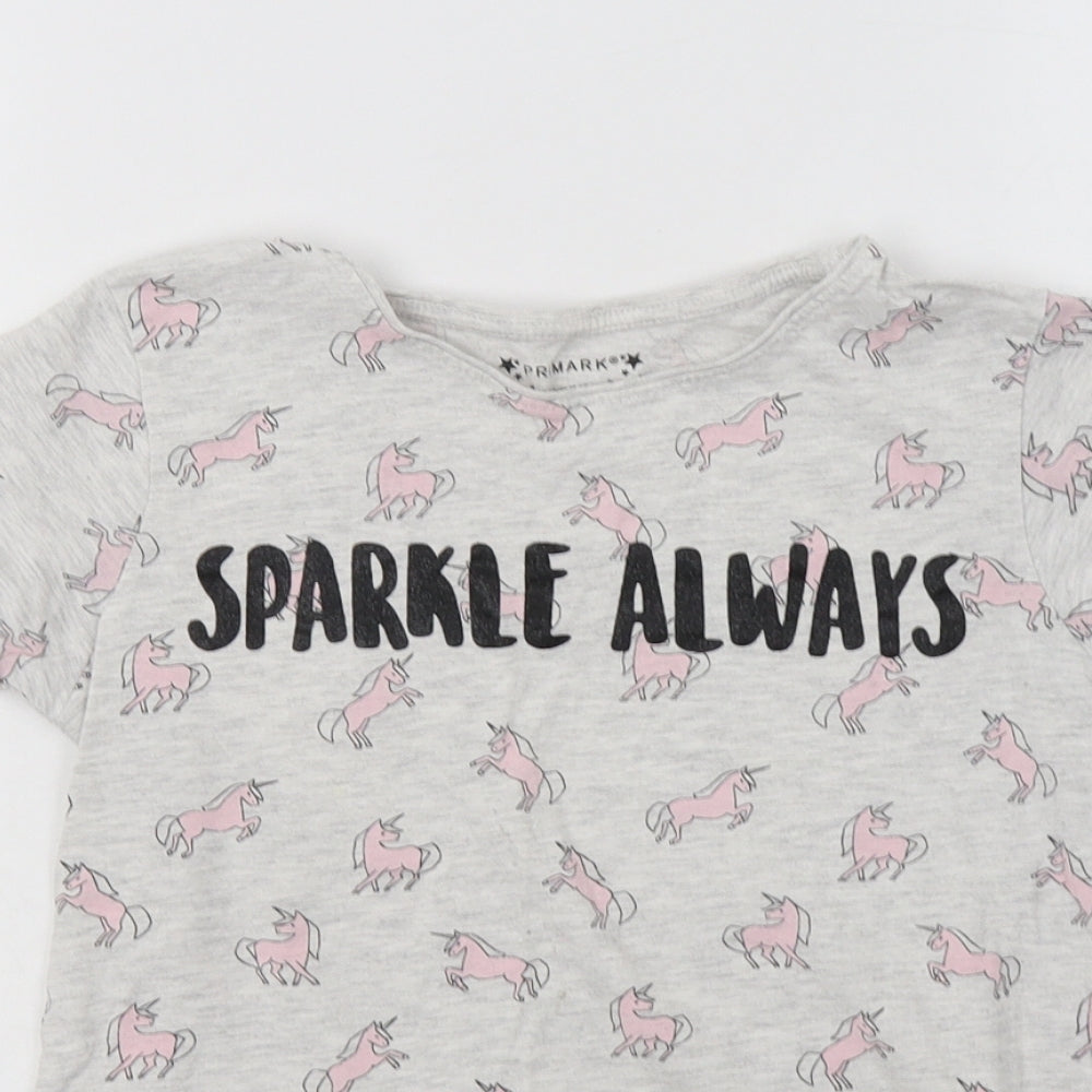 Primark Girls Grey Geometric Cotton Basic T-Shirt Size 10-11 Years Crew Neck  - Unicorn Print