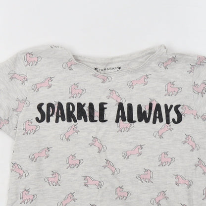 Primark Girls Grey Geometric Cotton Basic T-Shirt Size 10-11 Years Crew Neck  - Unicorn Print