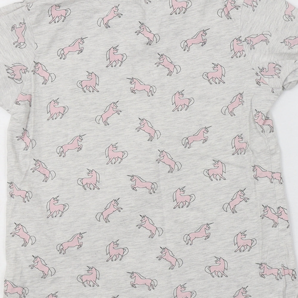 Primark Girls Grey Geometric Cotton Basic T-Shirt Size 10-11 Years Crew Neck  - Unicorn Print