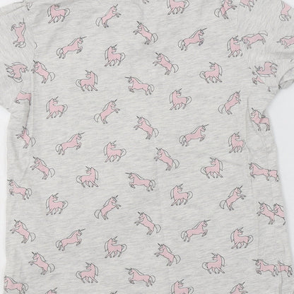 Primark Girls Grey Geometric Cotton Basic T-Shirt Size 10-11 Years Crew Neck  - Unicorn Print