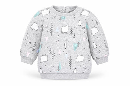 Front view of Matalan girls’ grey animal print cotton jumper, size 0-3, months